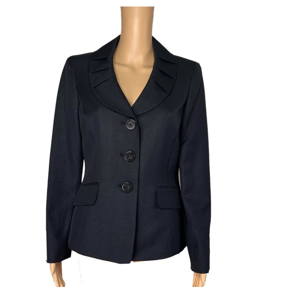 Le Suit‎ Womens Black Pleated Ruffle Collar Blazer Jacket Textured Size 8